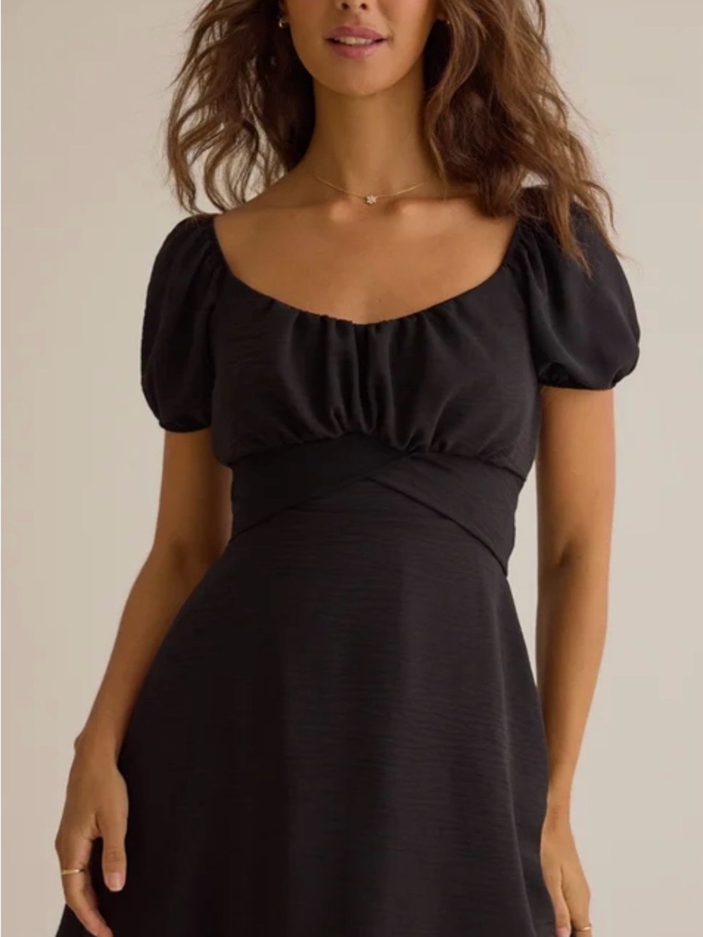 Altar’d State Delilah Crossover Mini Dress Black Puff-Sleeve Women's Dress